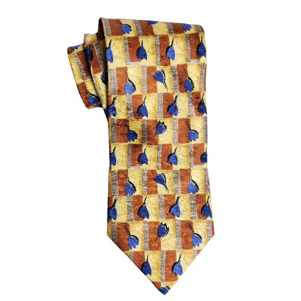 Murano Tie Geometric Floral Pattern Yellow Brown Blue Classic Necktie‎